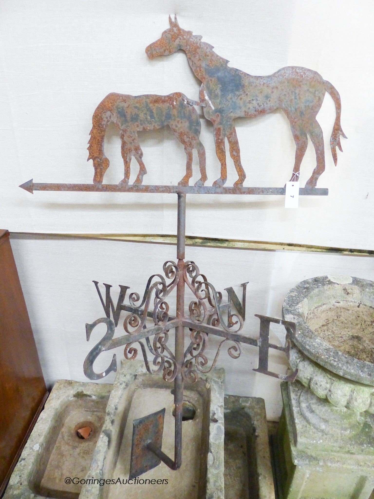 A wrought iron horse weather vane, width 85cm, height 138cm